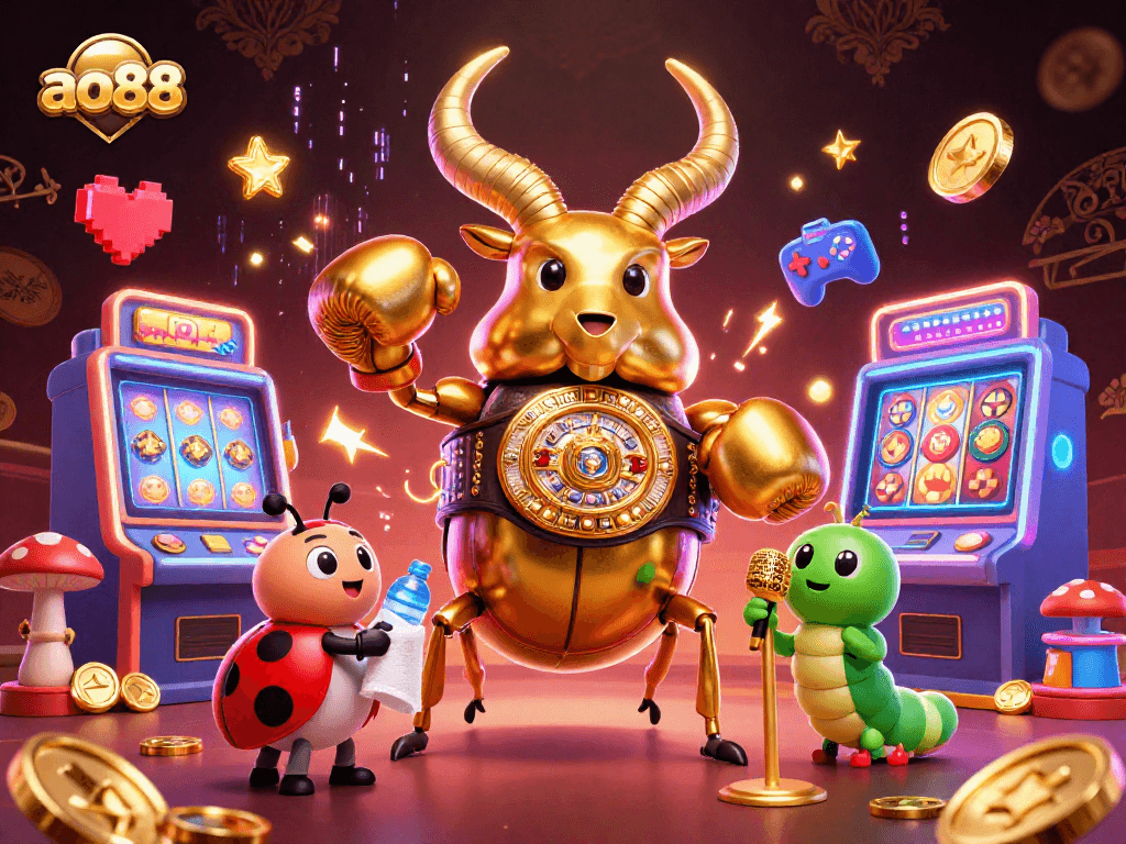 Engage with ao88's captivating casino experience featuring vibrant slot games and cartoon characters.