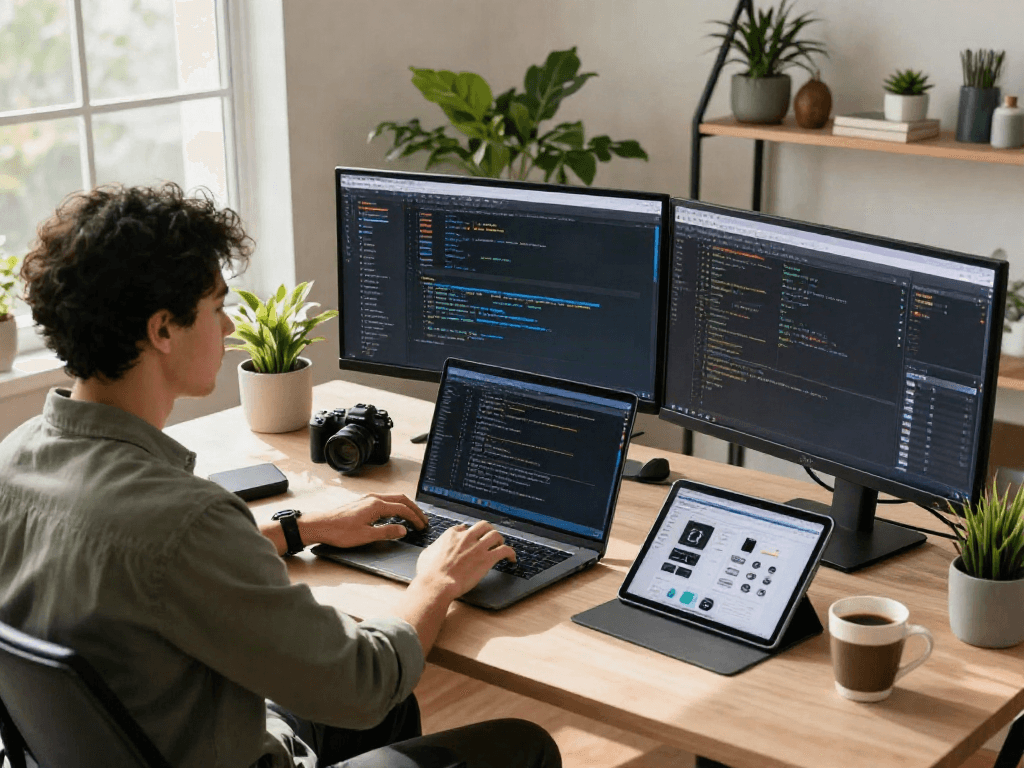 Developer menggunakan teknologi canggih di ruang kerja dengan layar yang menampilkan kode software, mencerminkan inovasi dan produktivitas dengan cepat.