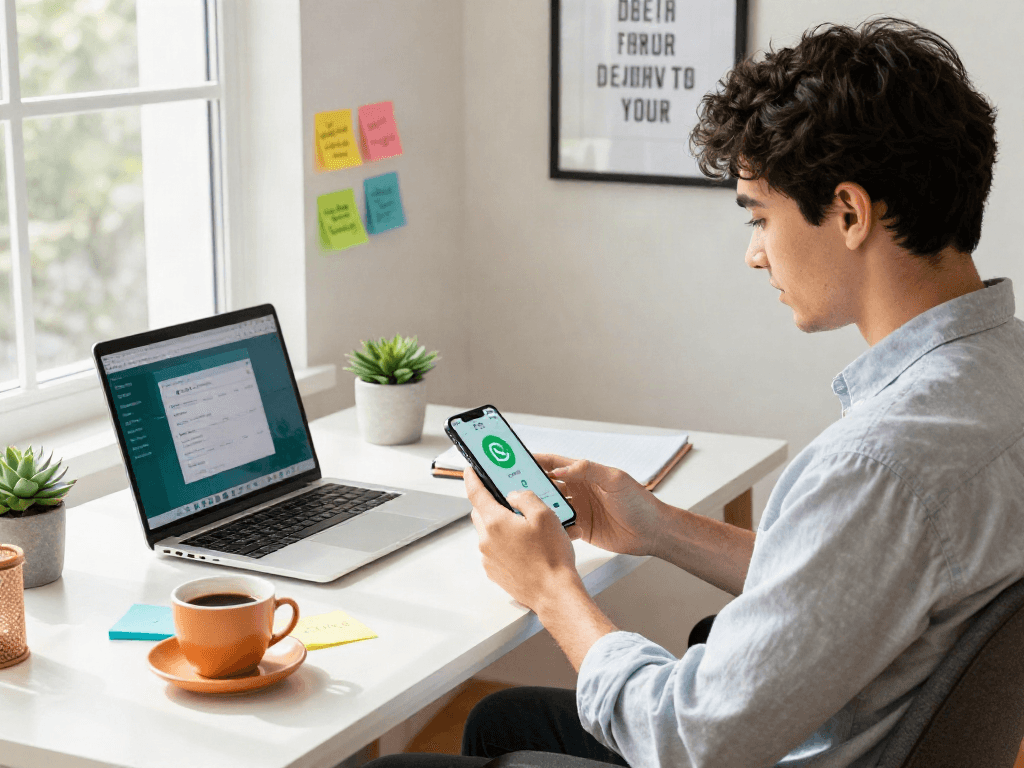 Engaged user navigating GB WhatsApp on smartphone in modern home office.