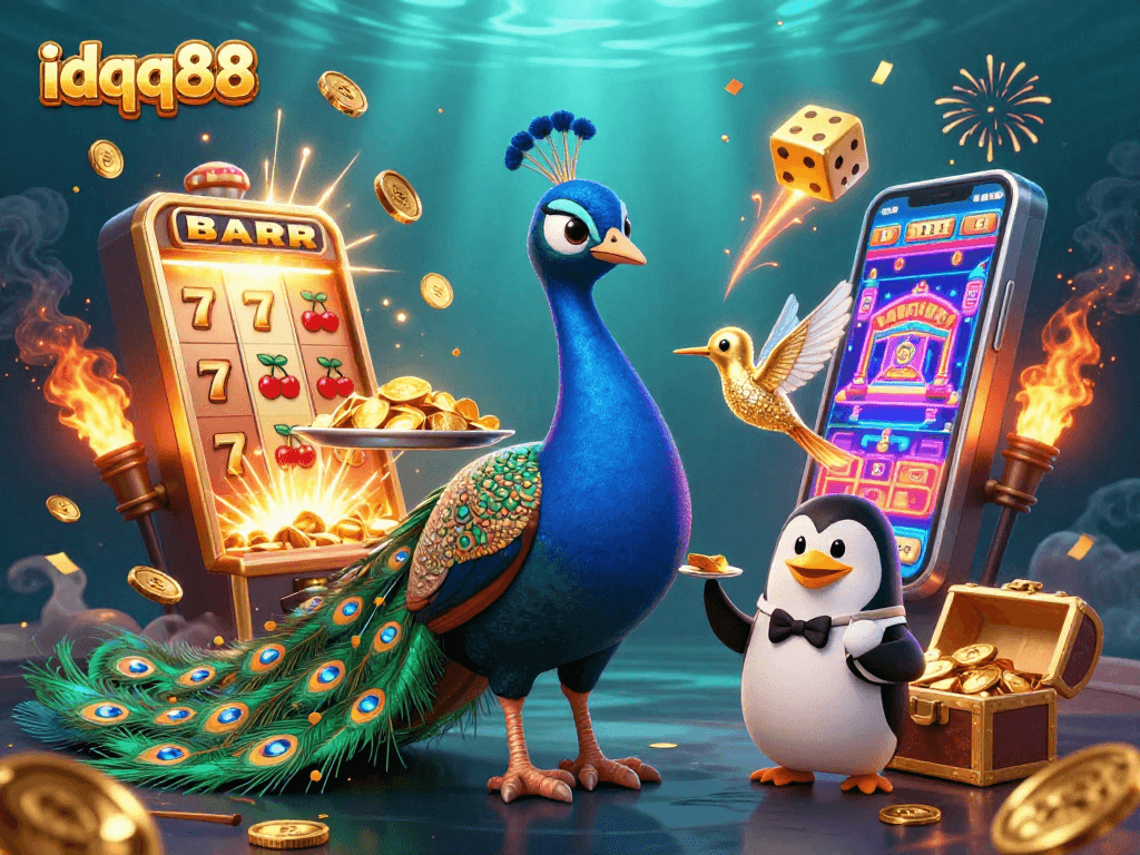 Experience dazzling wins at idqq88 with an energetic slot machine scene featuring vibrant characters and jackpot excitement.