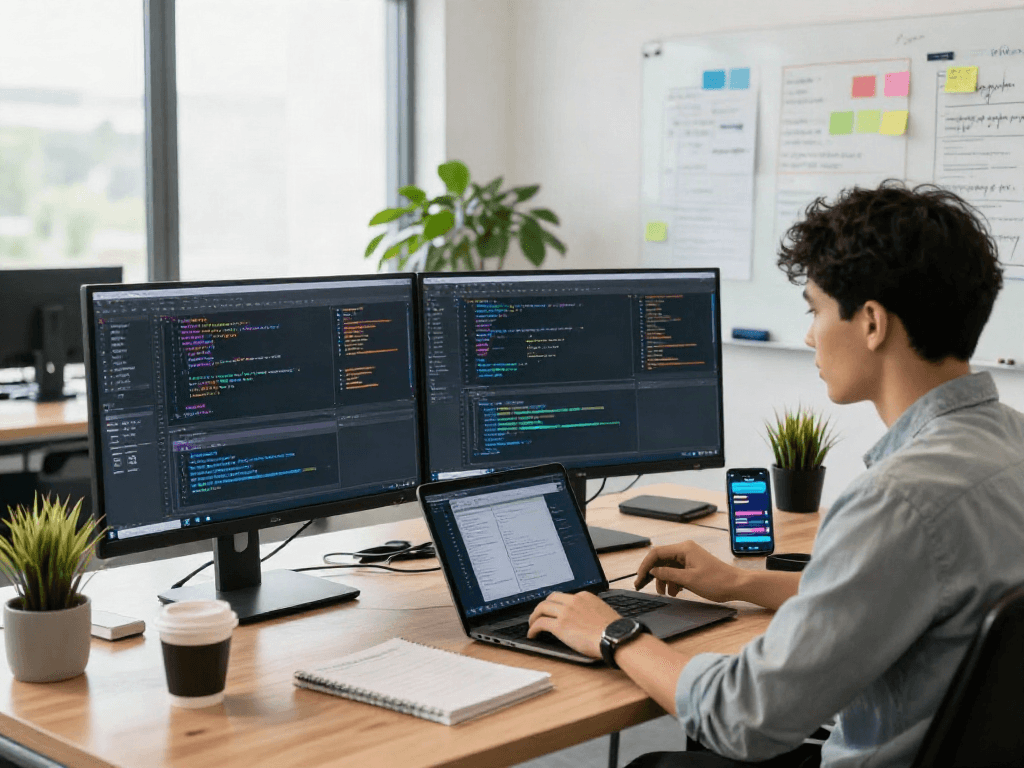 Developer engaged in pikashow apk download coding in a modern workspace.