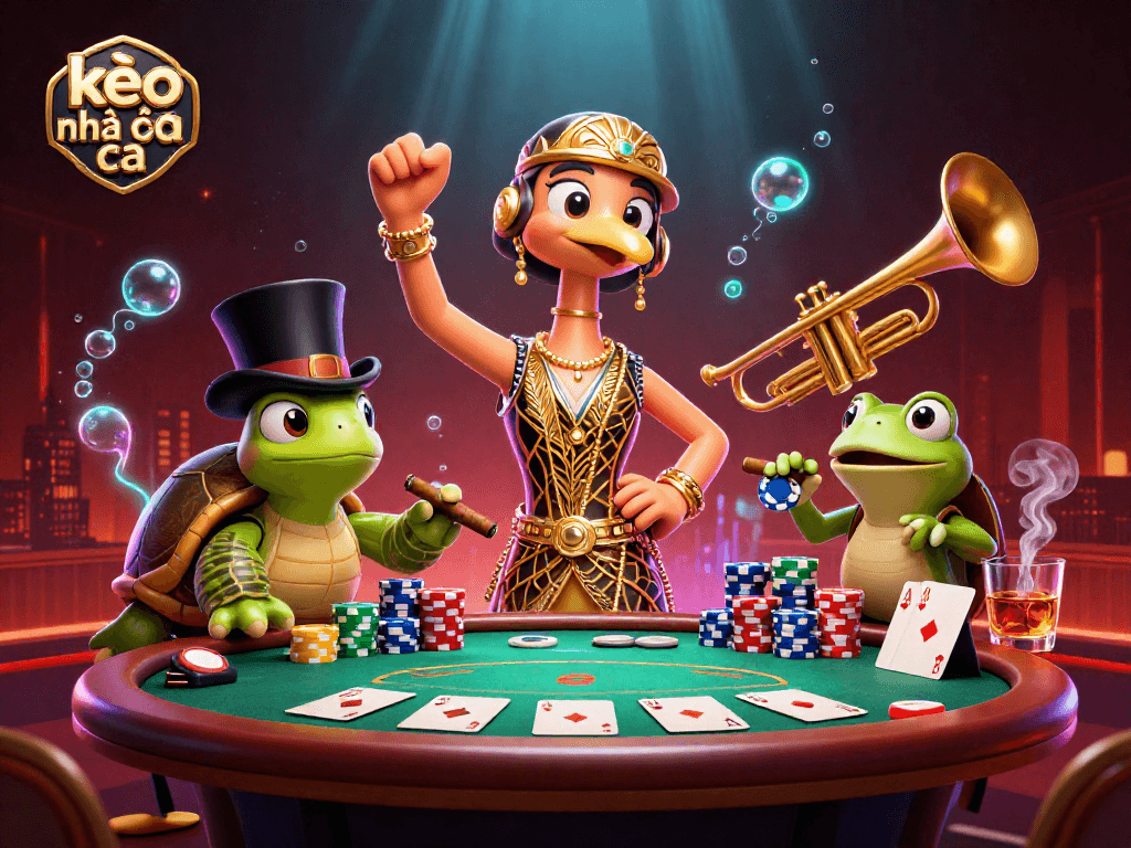 Engage with kèo nhà cái and enjoy a lively casino atmosphere with poker and whimsical characters.