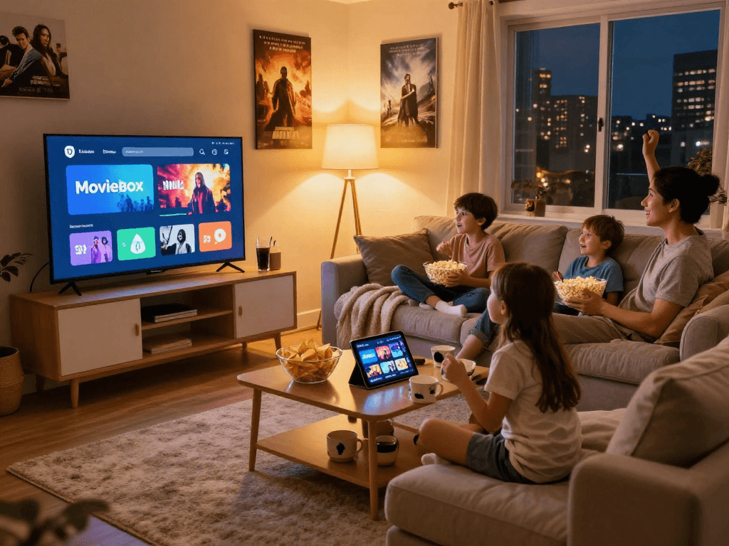 Family enjoying movie night with Moviebox app on a large TV in a cozy living room