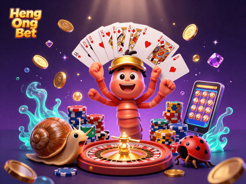 Experience Heng Ong Bet's exciting gaming action with lively characters amid vibrant casino elements.