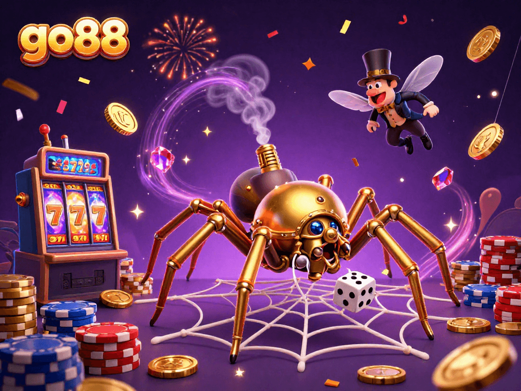 Catch the excitement of go 88 with a vibrant scene of games and lucky wins, showcasing steampunk elements.