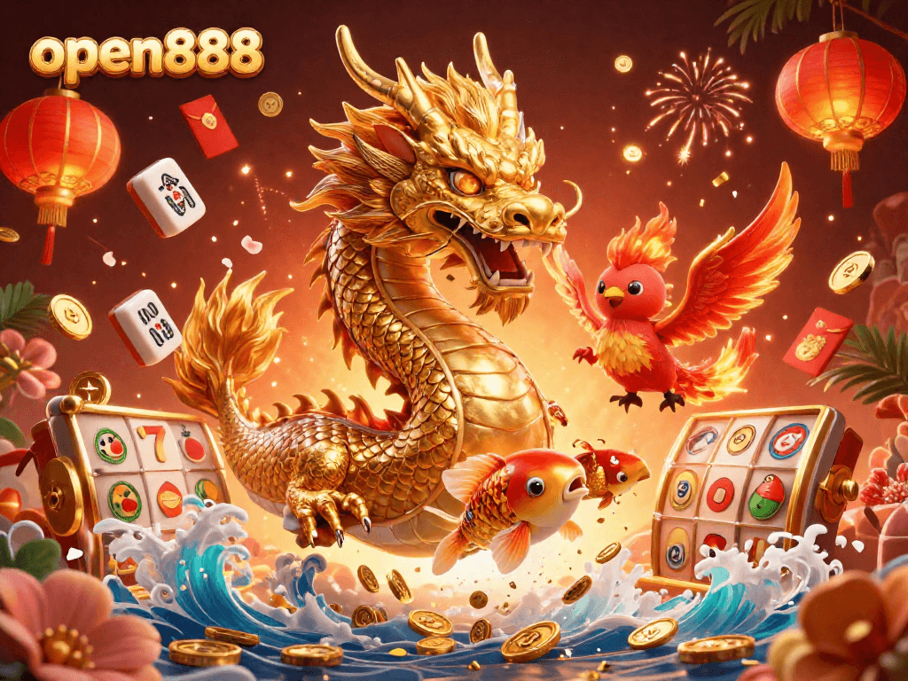 Experience thrilling gameplay with open888's vibrant casino illustration featuring iconic characters.