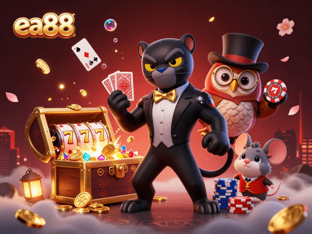 ea88 showcases a stylish panther dealer with a lucky mouse and an owl, bursting with vibrant casino elements.