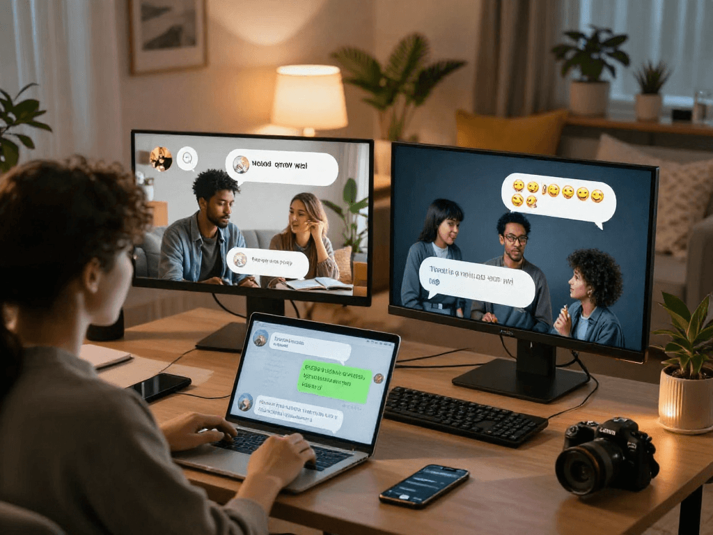 Engaged users in an nsfw chat dialogue in a cozy digital setting.
