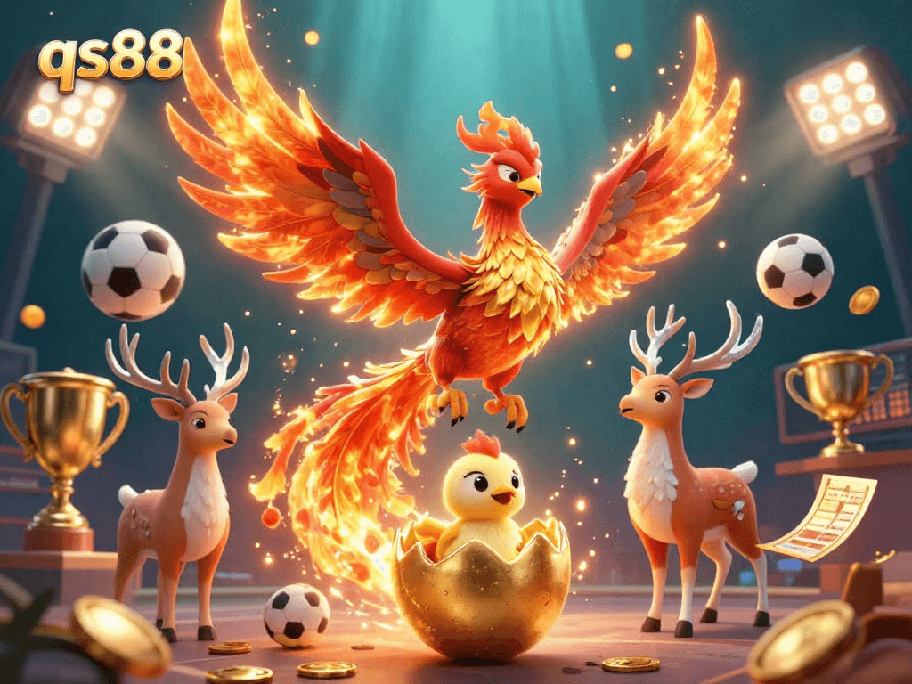 Experience thrilling qs88 betting action with an epic phoenix and sports elements in vibrant 3D