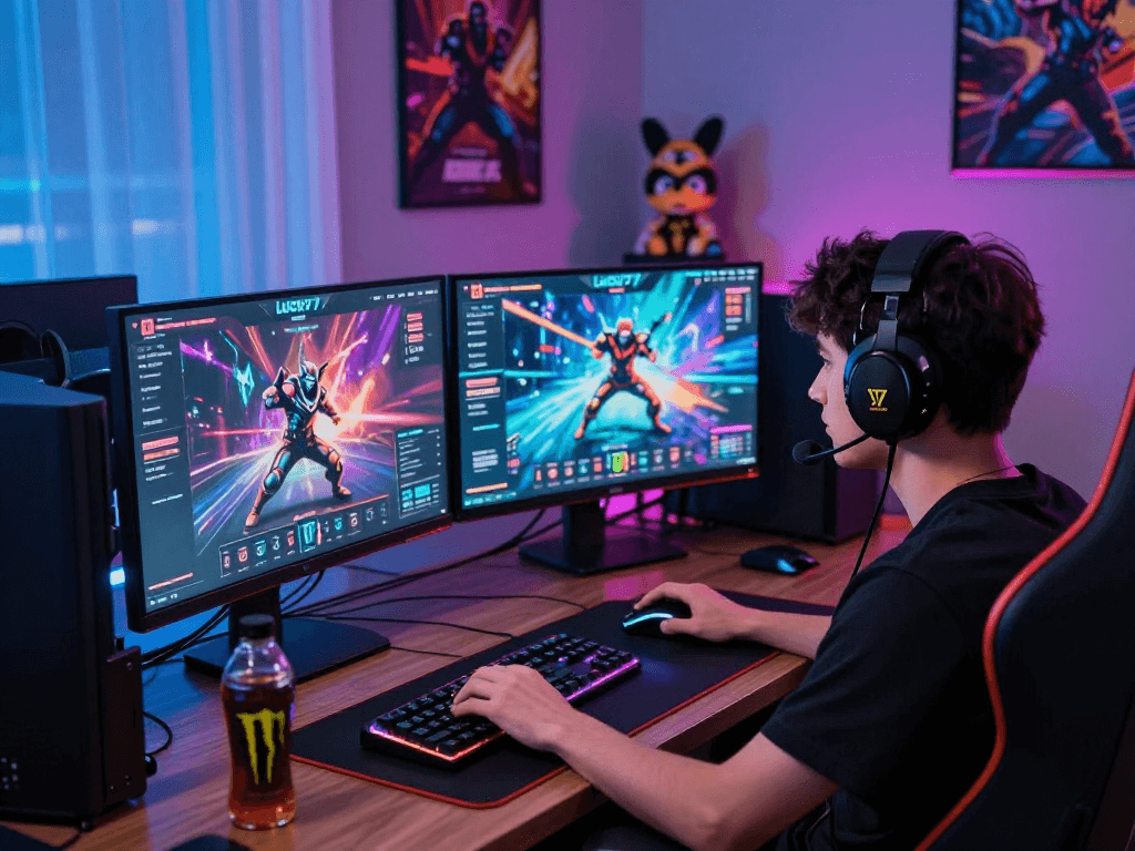 Immersive lucky77 online gaming setup with vibrant digital graphics and gamer focus