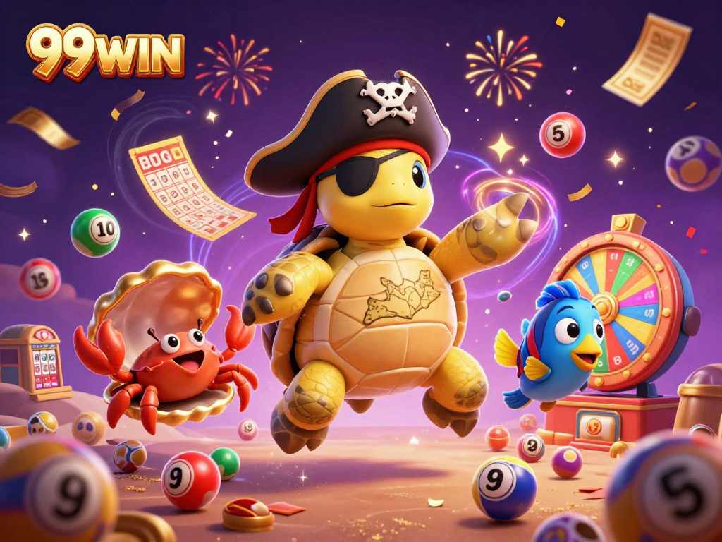 Join the excitement at 99WIN with a vibrant casino-themed scene featuring characters and lottery elements!