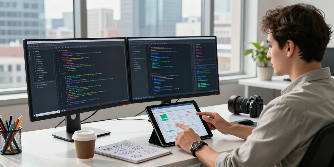 Engineer showcasing MVP development service in a modern workspace with dual monitors and design prototypes.