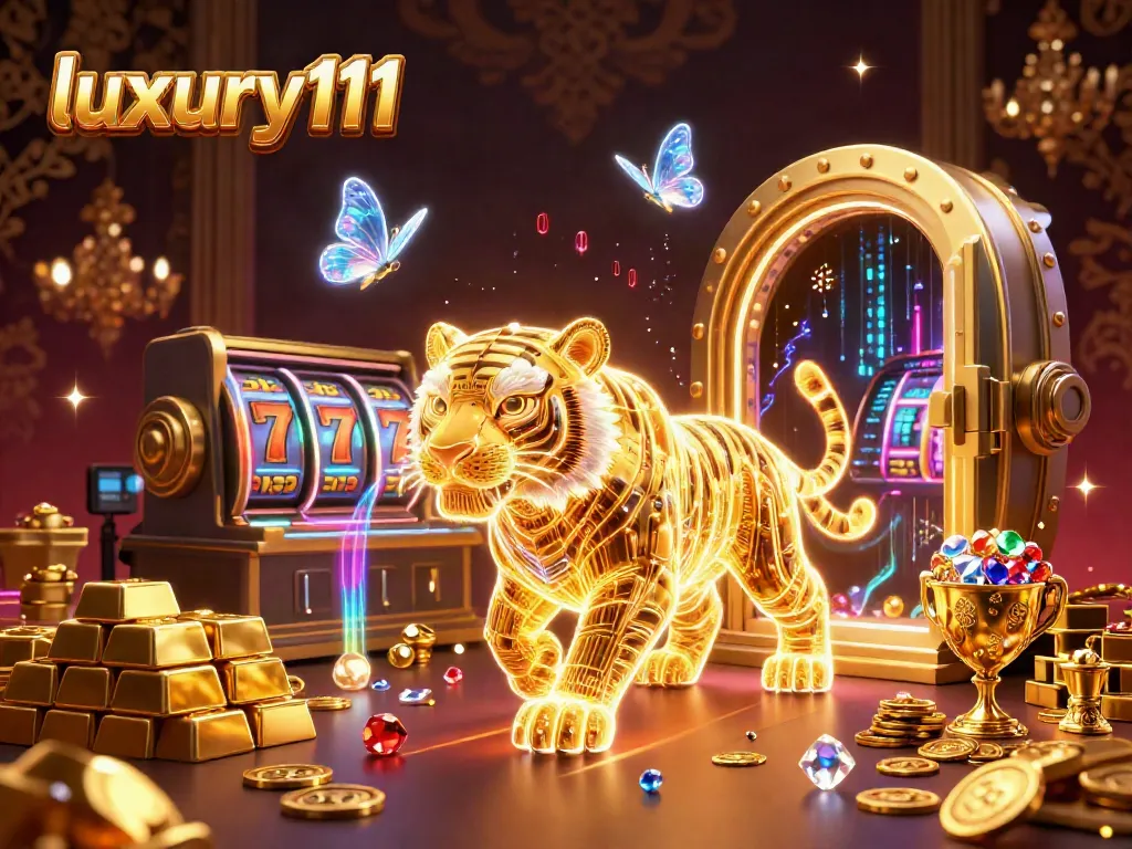 Experience thrilling wins at luxury111 with a golden tiger illuminating the digital casino.