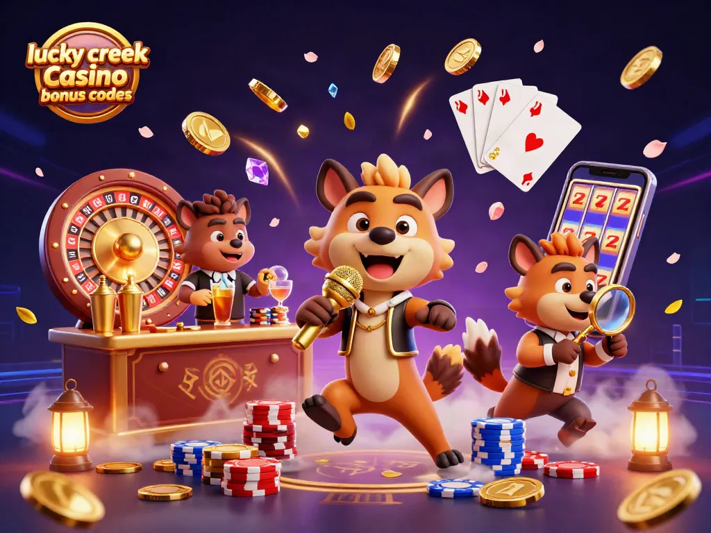 Lucky Creek casino bonus codes scene with hyena characters celebrating casino fun amid gold coins and lights.