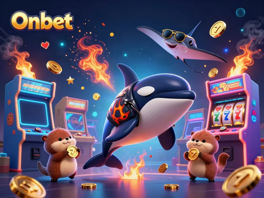 Onbet's vibrant casino world showcases a 3D cartoon orca whale in a stylish biker jacket and golden coins for big wins.