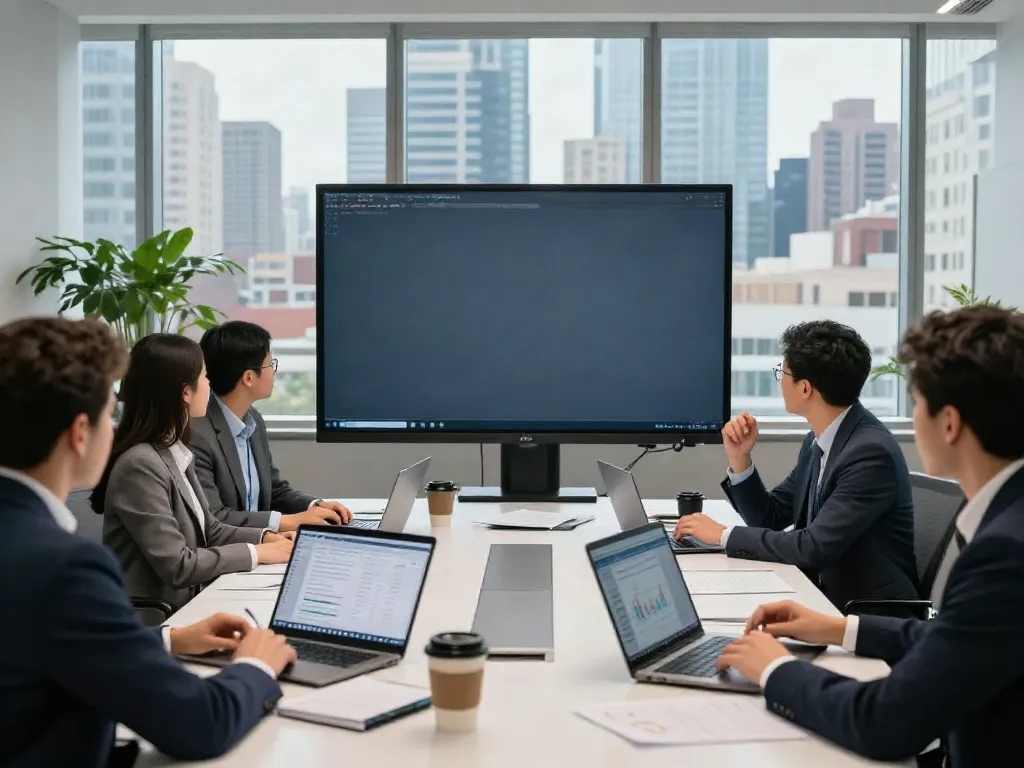 Collaboration in a modern banking office analyzing data for the top 50 banks in the USA.