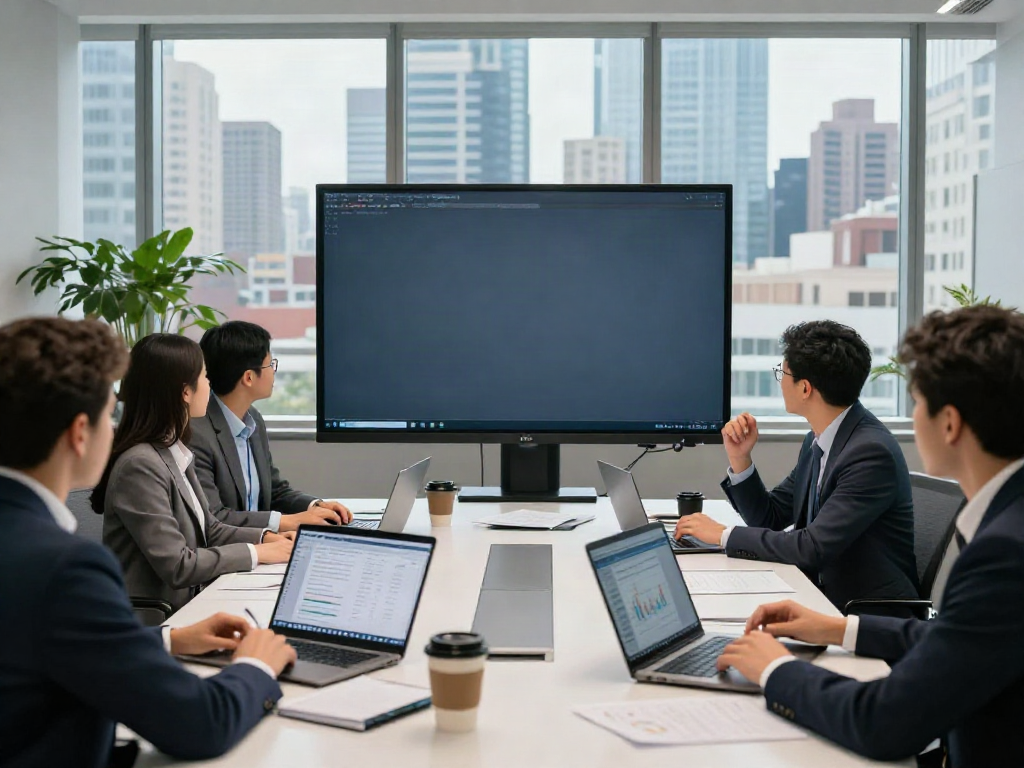 Collaboration in a modern banking office analyzing data for the top 50 banks in the USA.