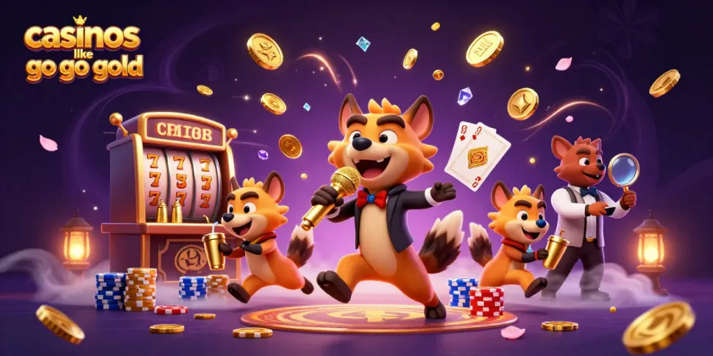 Play exciting games like Go Go Gold in a vibrant 3D casino scene with lively characters.
