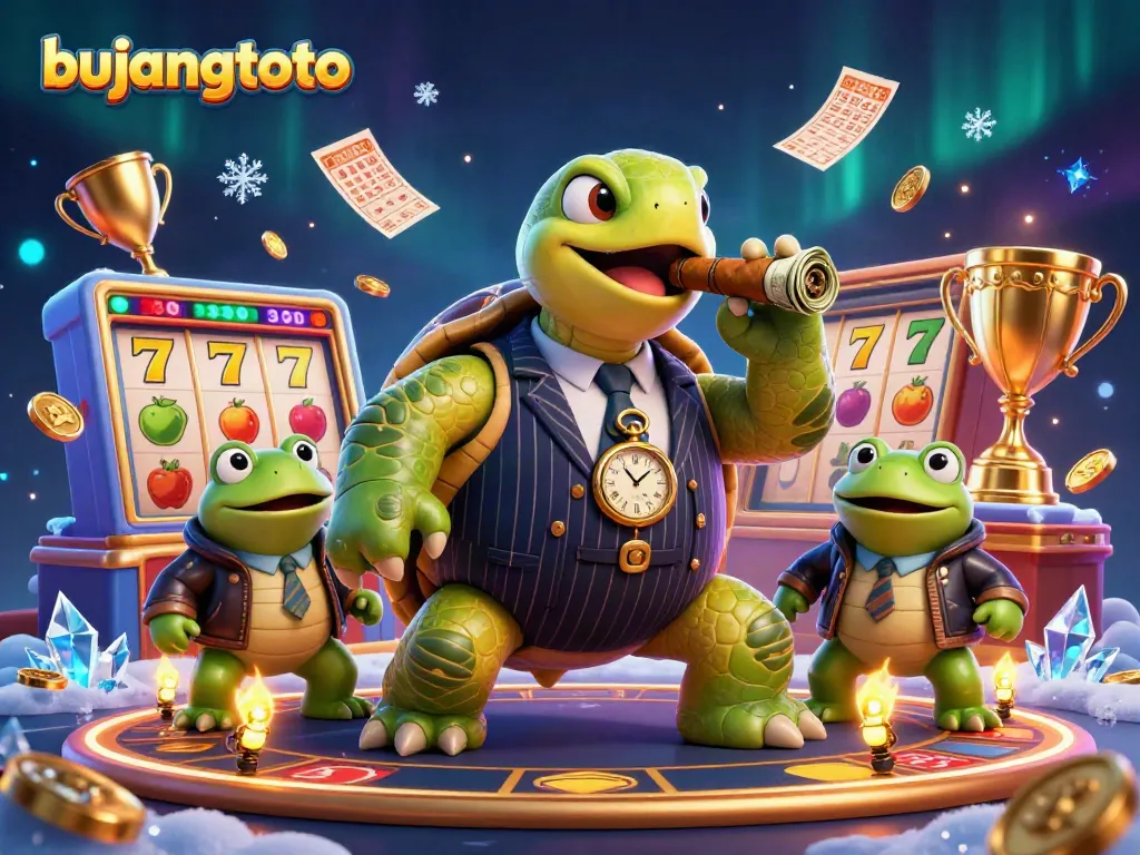 Bujangtoto engaging in a thrilling game of slots with an animated snapping turtle and bullfrog enforcers, showcasing excitement and winnings.