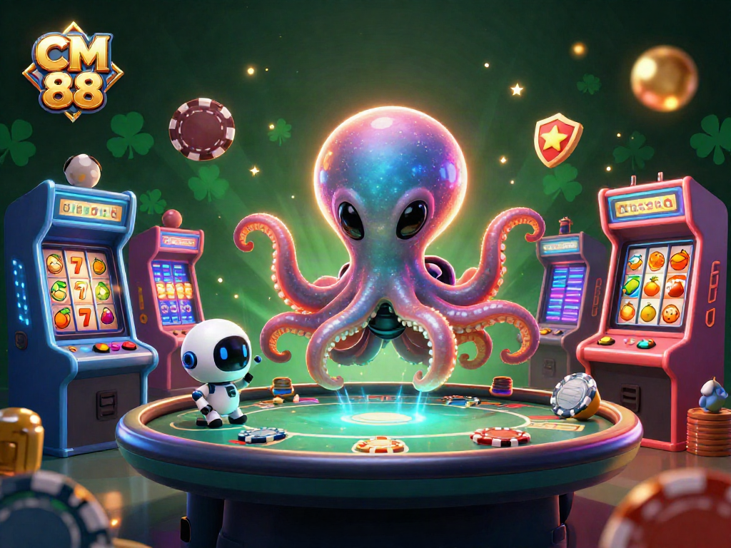 Engage in CM 88 table games with an alien octopus and robot in this vibrant 3D scene.