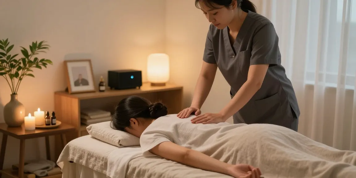 양천구출장안마 service providing a soothing massage experience in a tranquil home setting with warm lighting and relaxing decor.