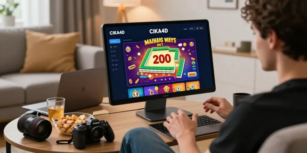 CIKA4D platform on smartphone showcasing Mahjong Ways Bet 200 in a cozy home setting.