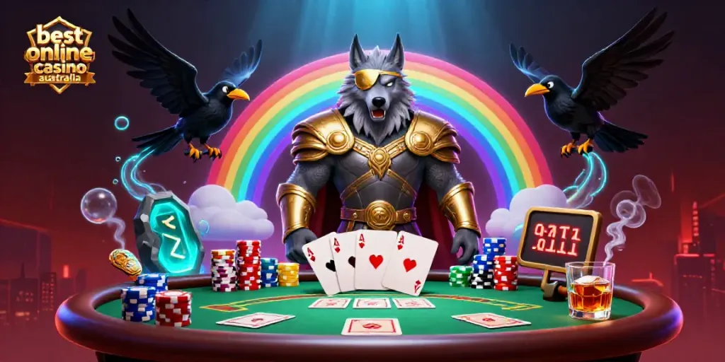 Engage with Odin and his ravens at the best online casino Australia amidst casino chips and poker elements.