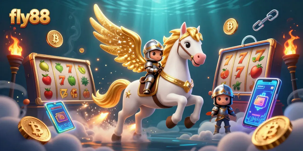 Experience thrilling gaming moments with fly88 as a celestial knight rides through clouds with casino elements.