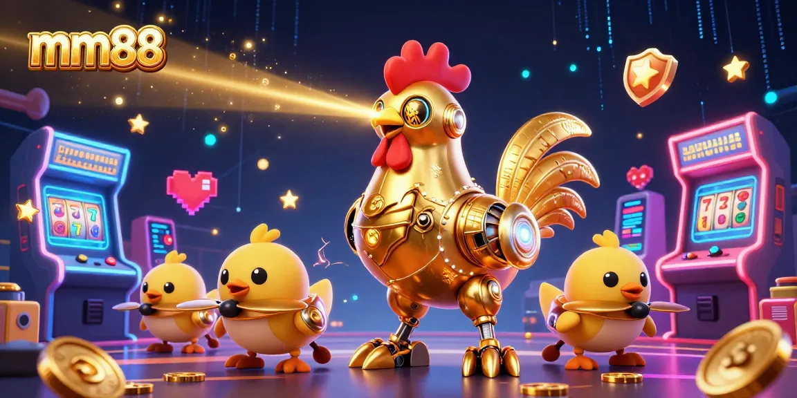 Engage in vibrant mm88 casino action with playful robots, slot machines, and glowing game elements.