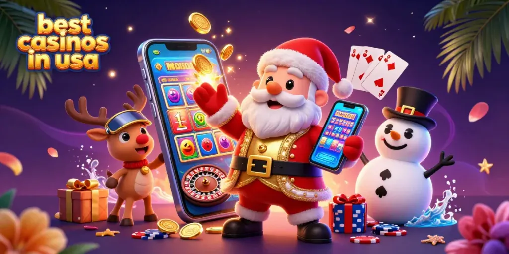 Experience the excitement of the best casinos in usa with Santa, his reindeer, and a snowman in a casino scene.