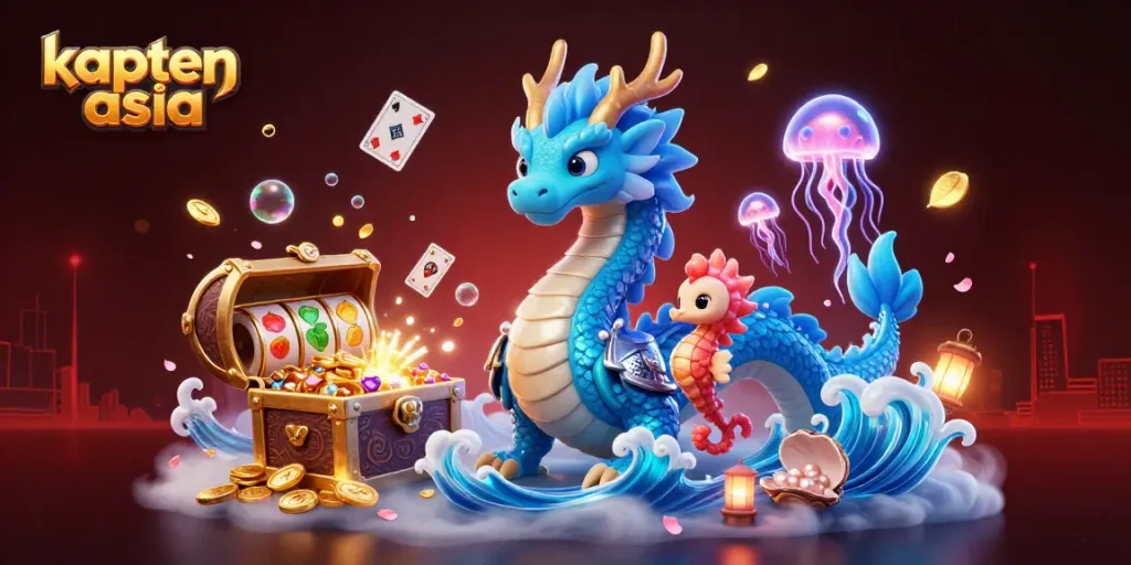 Ilustrasi 3D kapal kasino kapten asia dengan naga air, seahorse, dan harta karun.