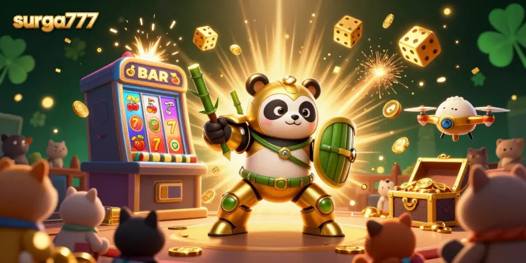 Experience the excitement of surga777 with a golden panda fighter amid a jackpot explosion in a casino.