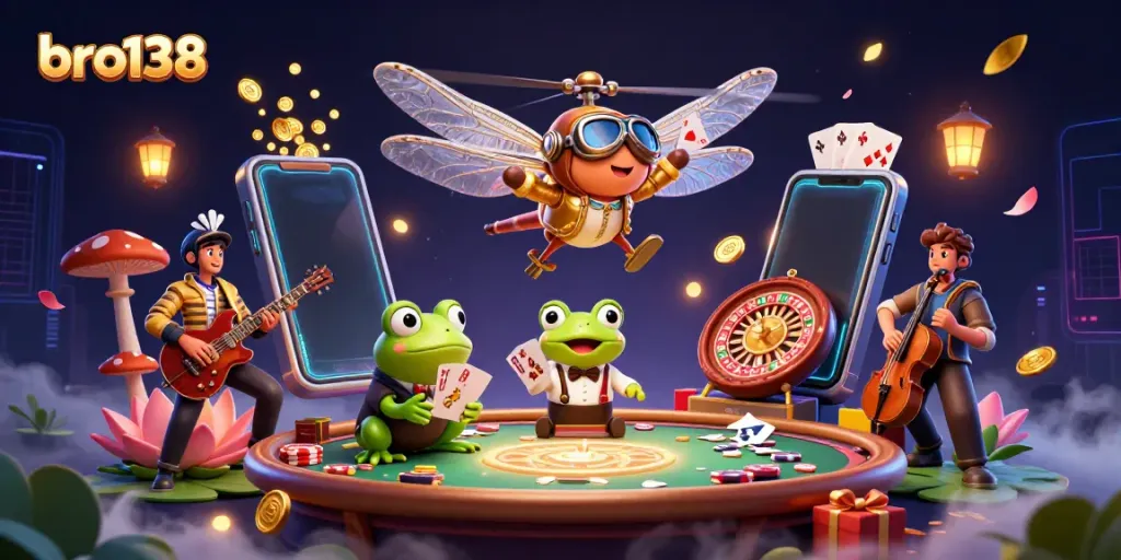 Experience thrilling gameplay with bro138, featuring a whimsical casino scene with a frog croupier and vibrant game elements