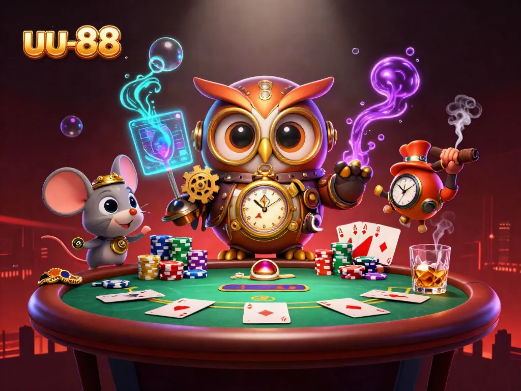 Engage in thrilling gameplay with the uu-88 casino illustrated in a vibrant steampunk scene filled with poker elements.