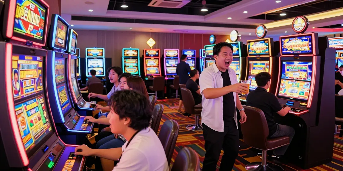 Pengunjung bermain slot server thailand di kasino dengan suasana meriah dan mesin slot berwarna-warni.