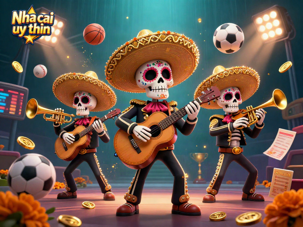 Nha cai uy tin skeleton mariachi band performs amidst sports elements in dynamic casino scene