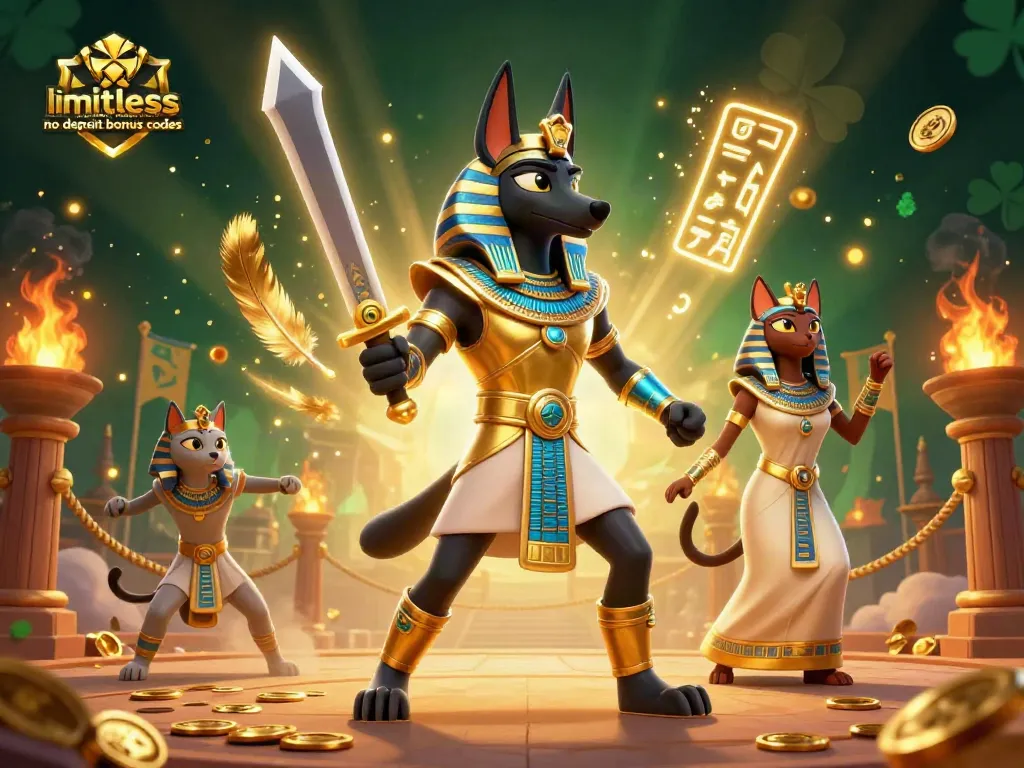 Win big at Limitless Casino no deposit bonus codes with an action-packed illustration of Anubis and Bastet in a vibrant betting arena.