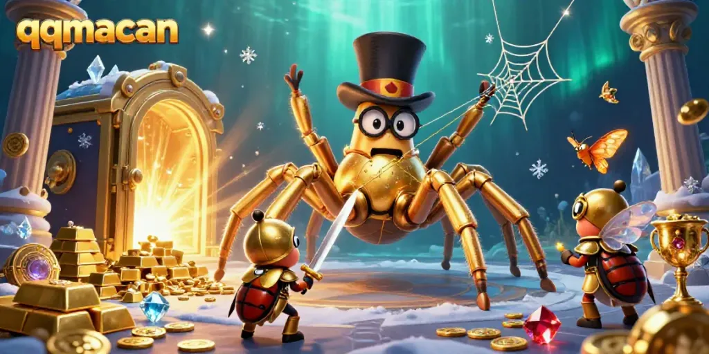 Engaging scene with qqmacan imagery showcasing a golden tarantula and beetle in a vibrant casino setting.