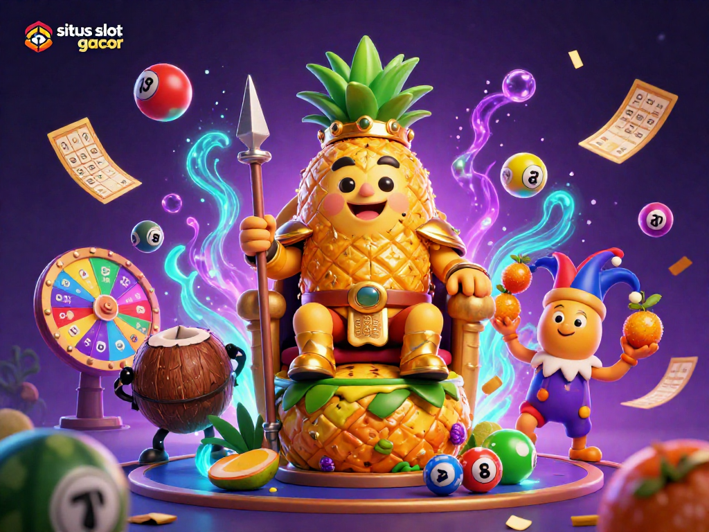 Spark excitement at situs slot gacor with a vibrant 3D casino scene featuring a golden pineapple king and dynamic game elements.