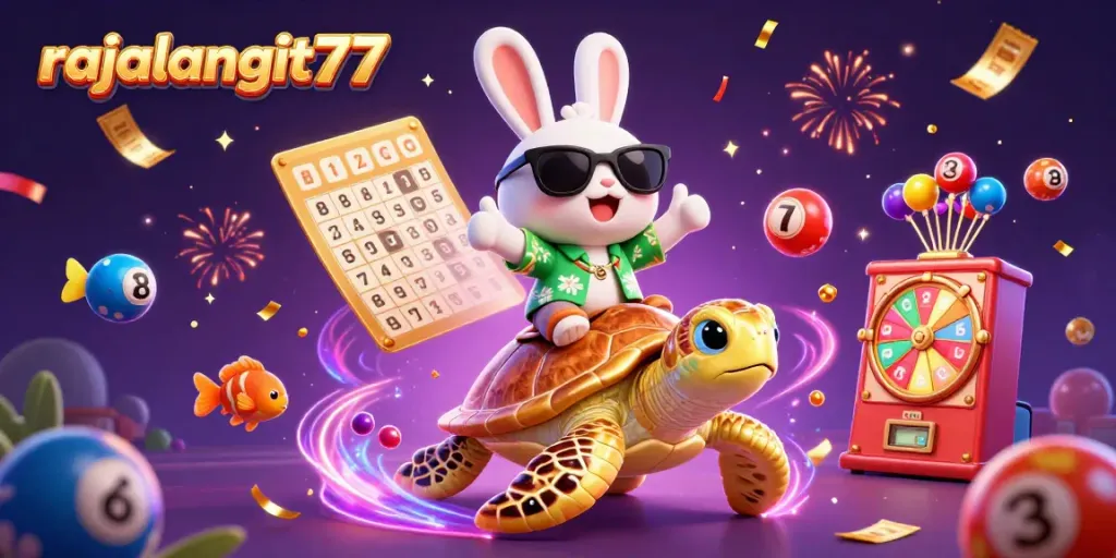 Gambarlah rajalangit77 di dunia lotere dengan kelinci beruntung dan kura-kura emas, dikelilingi bola lotere berwarna-warni.