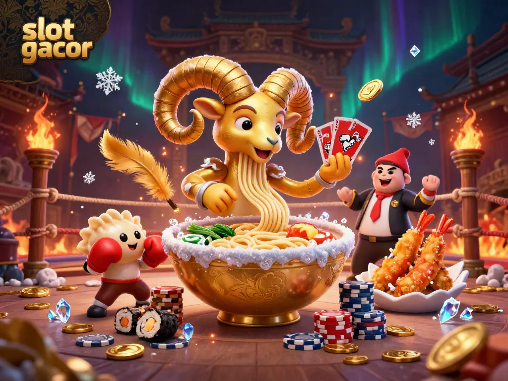 Engage in exciting gameplay with slot gacor characters including a golden ramen bowl dealing cards in a rich casino atmosphere.