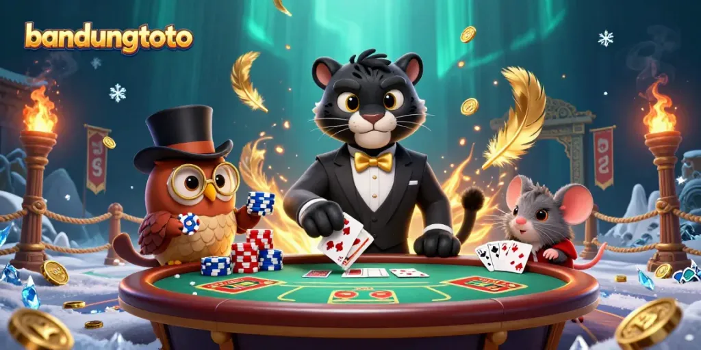 Engage in thrilling gameplay at bandungtoto with a panther dealer and whimsical characters in a vibrant casino.