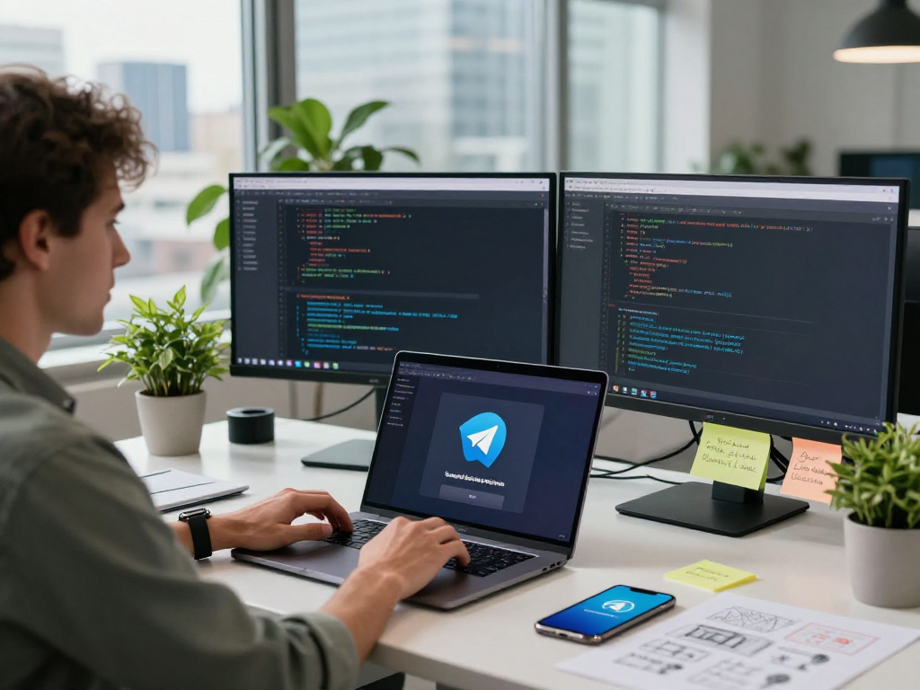 使用 Telegram 下载的开发者在现代办公室内工作，显示代码和界面设计，自然光照明下的创意环境。
