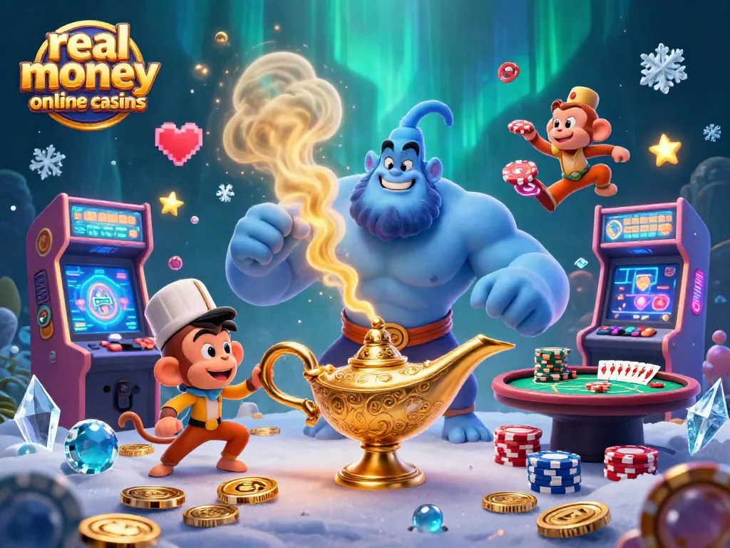 Engage in real money online casinos featuring a genie, monkey, and poker chips in an enchanting atmosphere.