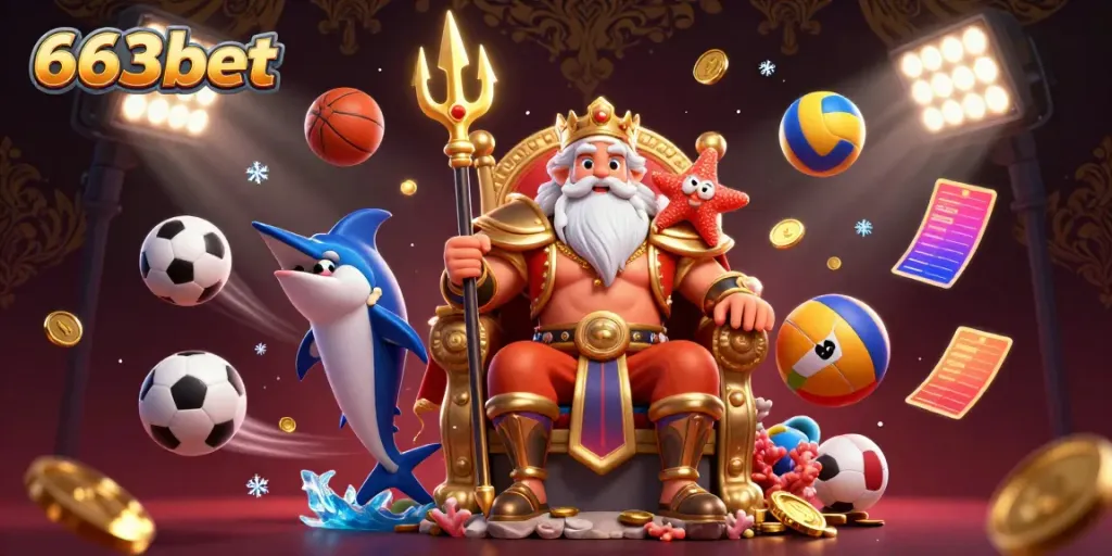 Engage with 663bet in this vibrant online gaming scene featuring Neptune and sports elements.