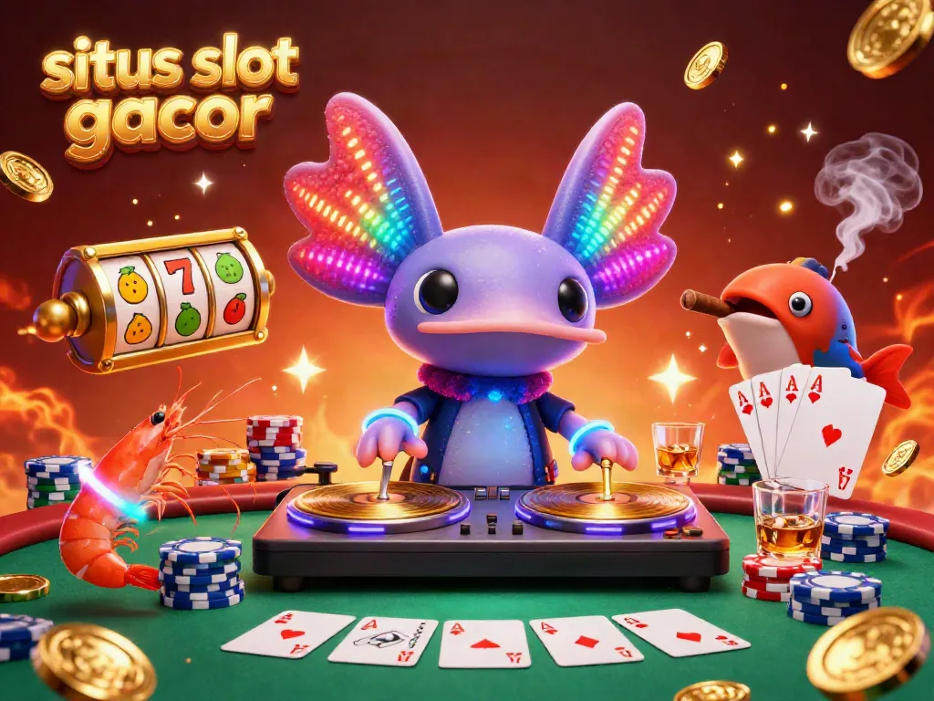 Spin and win with situs slot gacor featuring a neon axolotl DJ amidst vibrant slots and poker elements.