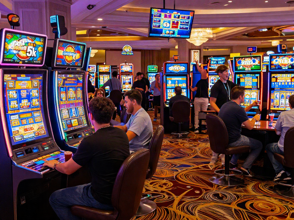 Excited players engaging with slot machines featuring a slot deposit 5k promotion in a vibrant casino atmosphere.