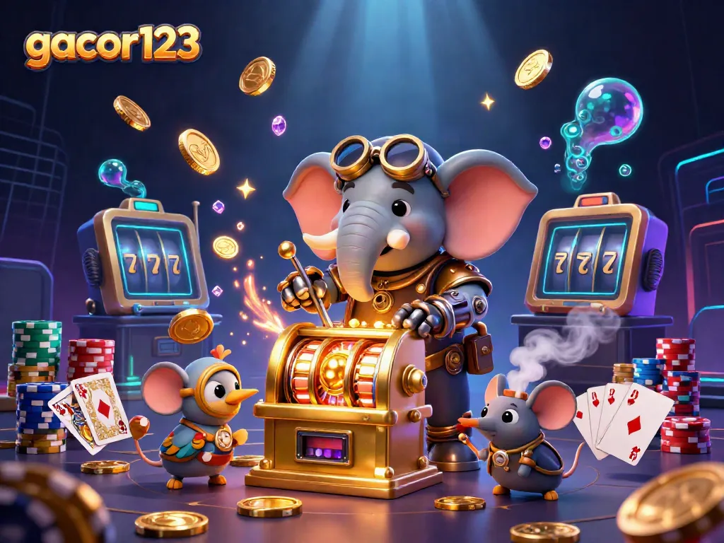 Play slots and win big with gacor123 while an elephant engineer operates a golden slot machine.