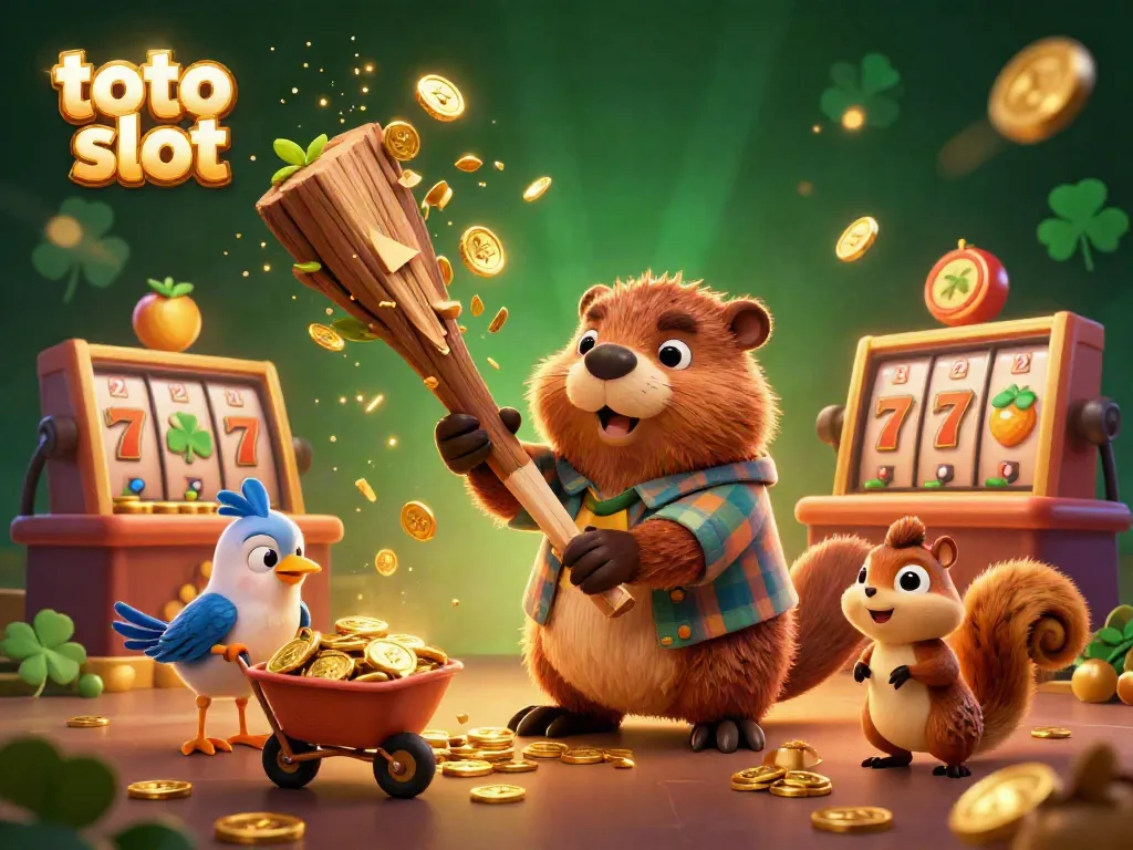 Experience the thrill of toto slot with a vibrant scene showcasing a beaver, bird, and squirrel in a casino setting, collecting golden riches.
