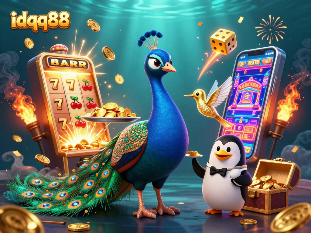Experience dazzling wins at idqq88 with an energetic slot machine scene featuring vibrant characters and jackpot excitement.